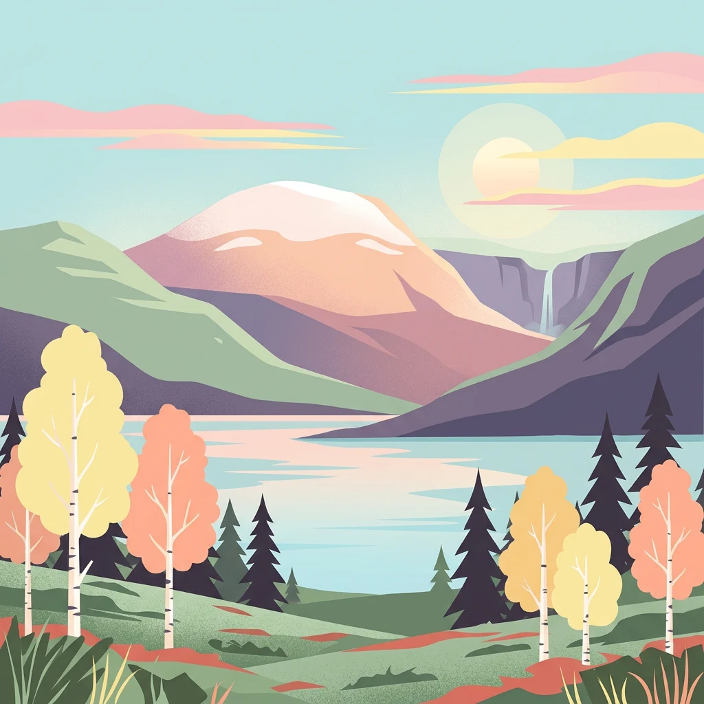 Ilustración estilizada de una montaña nevada, un lago, árboles de colores otoñales y una cascada al fondo
