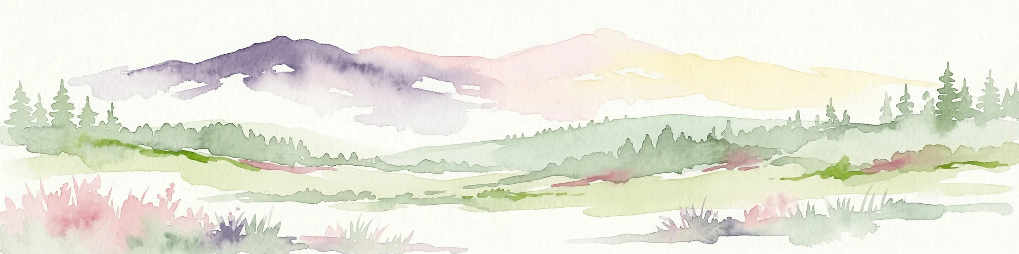 Pintura de acuarela que muestra colinas onduladas, bosques y montañas distantes bajo un cielo suave