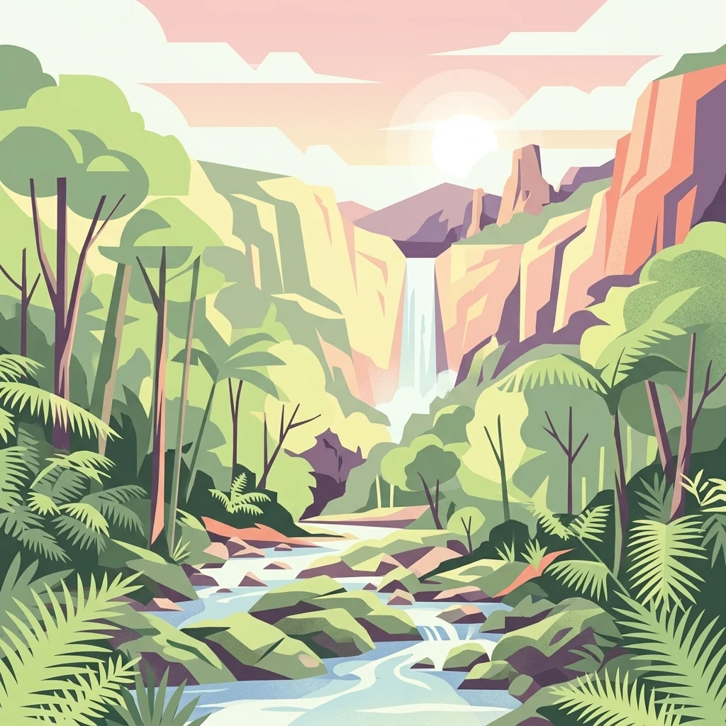 An illustration of a waterfall flowing through a forested valley with rocky cliffs, a stream, and dense vegetation under a partly cloudy sky
