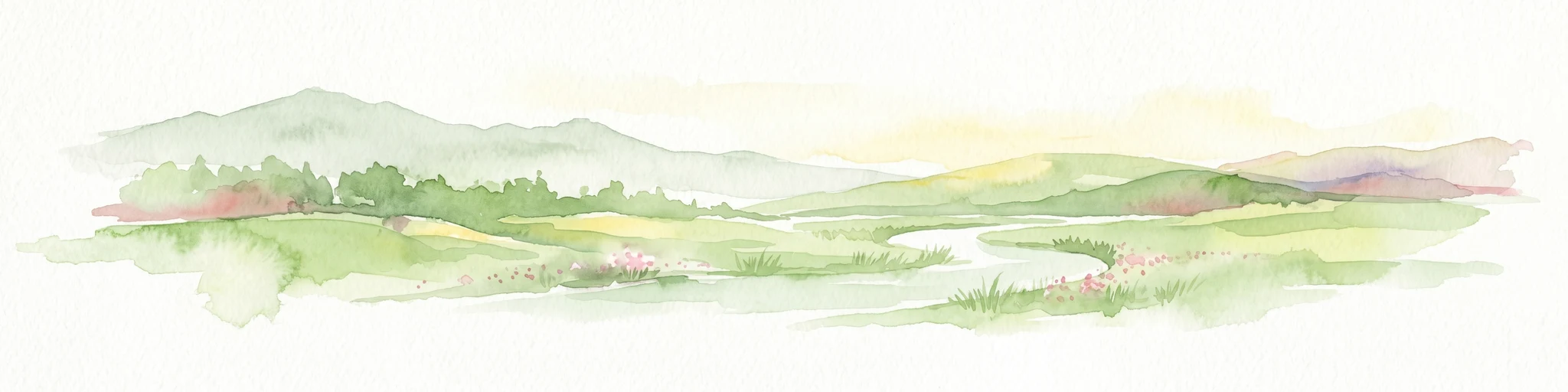 Ilustración en acuarela de colinas verdes onduladas, un río sinuoso y montañas distantes con árboles y zonas de hierba