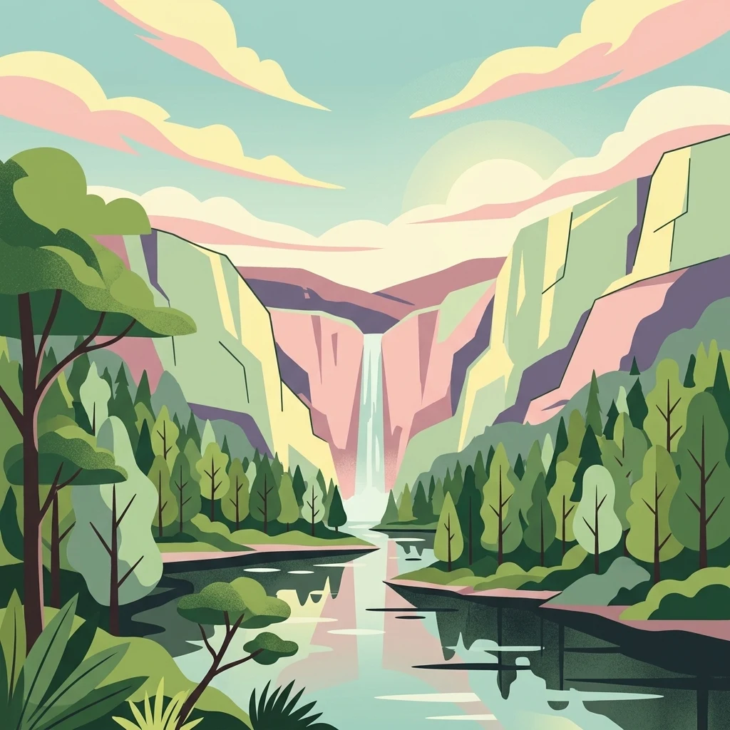 A stylized digital illustration of a waterfall flowing down between two cliffs into a river, surrounded by a lush forest under a soft-colored sky.