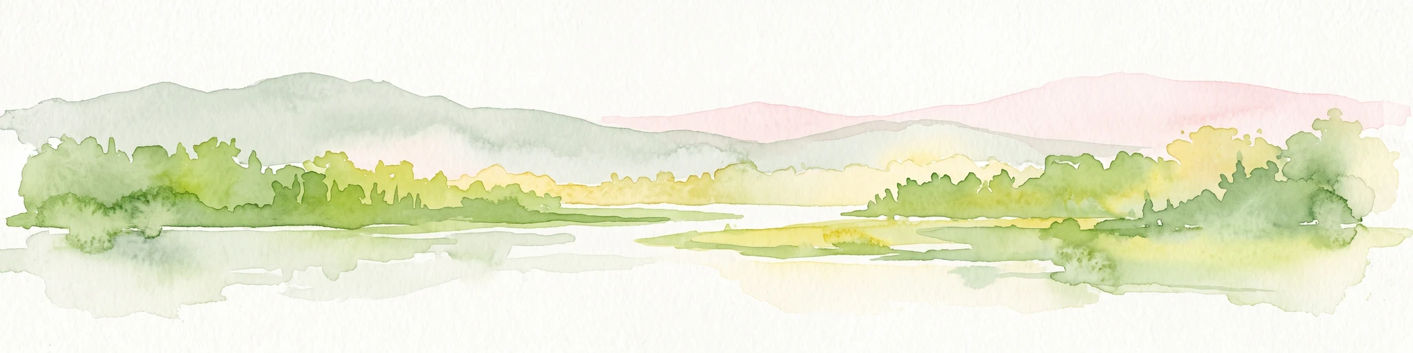 A horizontal watercolor painting of a river landscape with lush green vegetation in the foreground and soft, hazy hills in the background.