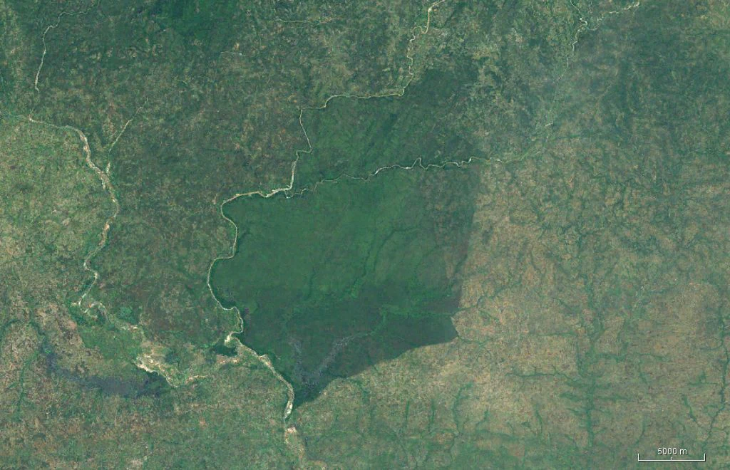 Satellite imagery showing a large, densely forested area in Pandam Wildlife Park bordered by a winding river.