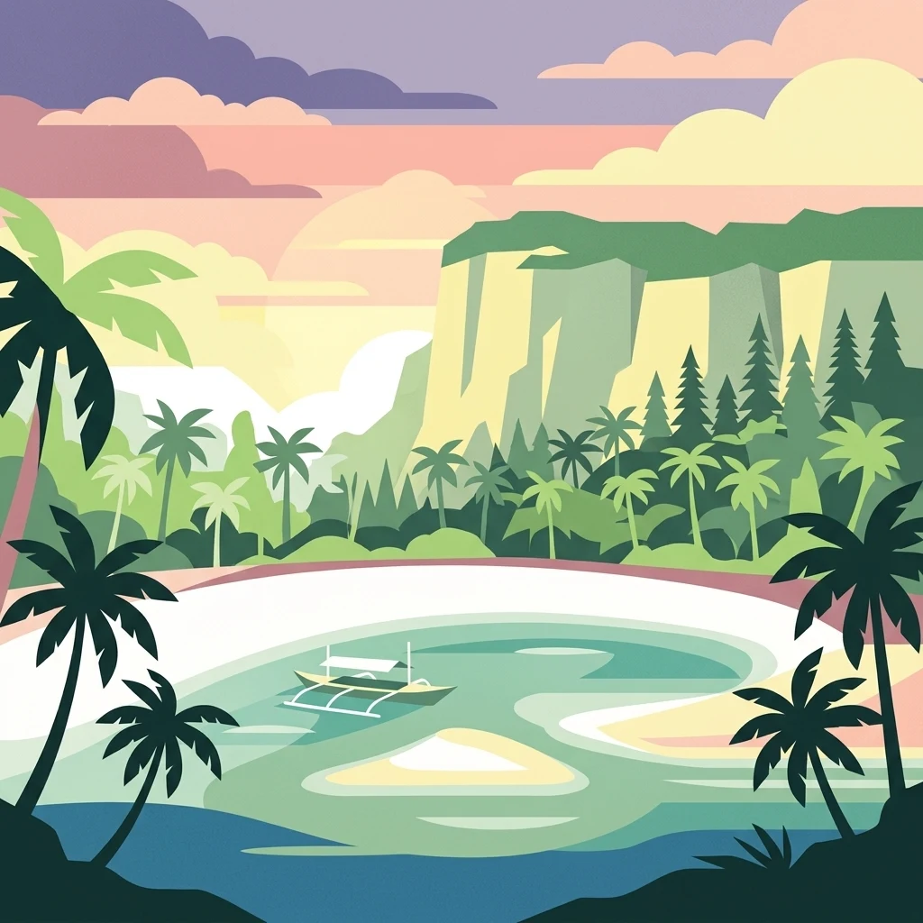 An illustrative style image of a tropical cove with palm trees, a shallow sandy beach, a traditional outrigger boat in turquoise water, and large limestone cliffs in the background under a sunset sky.
