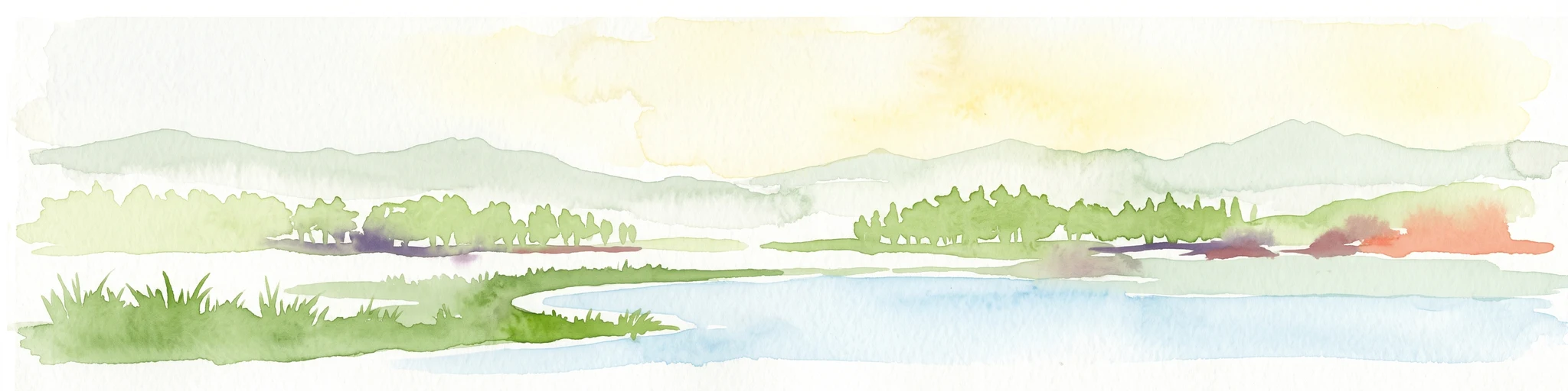 Una pintura horizontal en acuarela que muestra un paisaje suave y brumoso con una masa de agua en primer plano, orillas cubiertas de hierba y colinas onduladas a lo lejos.