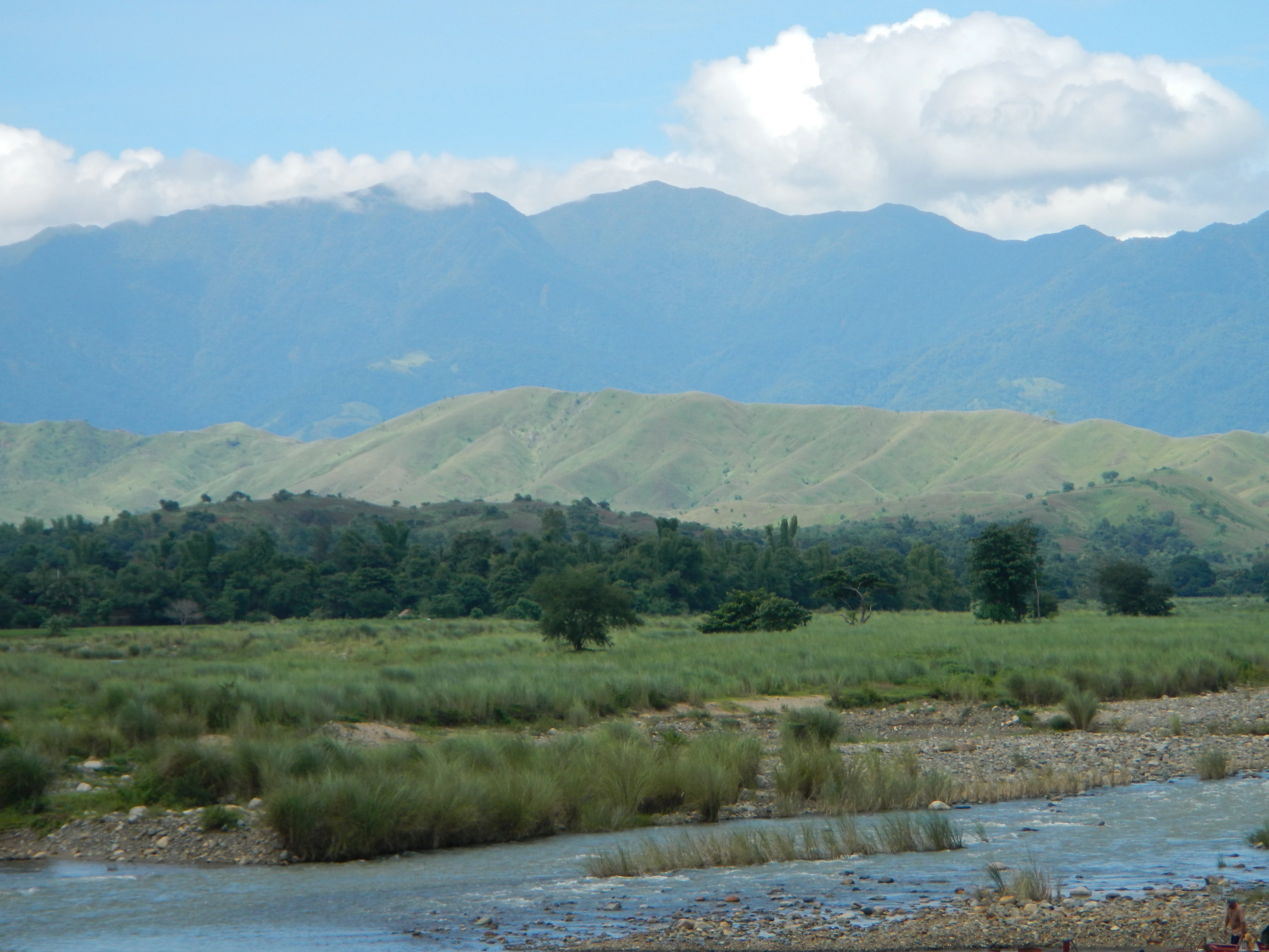 A wide landscape view of a shallow river flowing through a grassy valley with forested hills and a range of mountains in the background under a blue sky with white clouds.