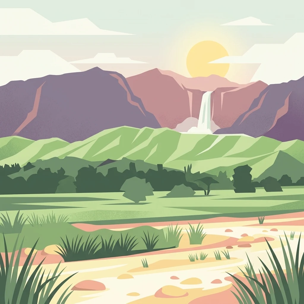 Una ilustración plana de estilo vectorial que muestra un paisaje con un primer plano de suelo desértico y hierba, un plano medio de colinas verdes onduladas y árboles, y un fondo de montañas púrpuras con una cascada que cae desde un pico bajo un sol pálido.