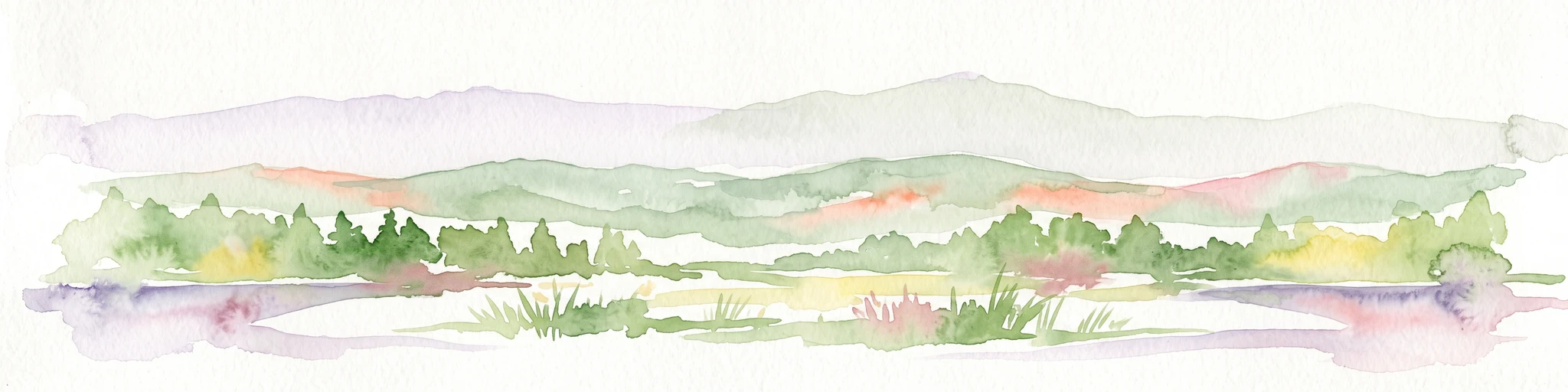 A horizontal watercolor painting showing layers of distant rolling mountains behind a forested midground and a foreground of light vegetation.