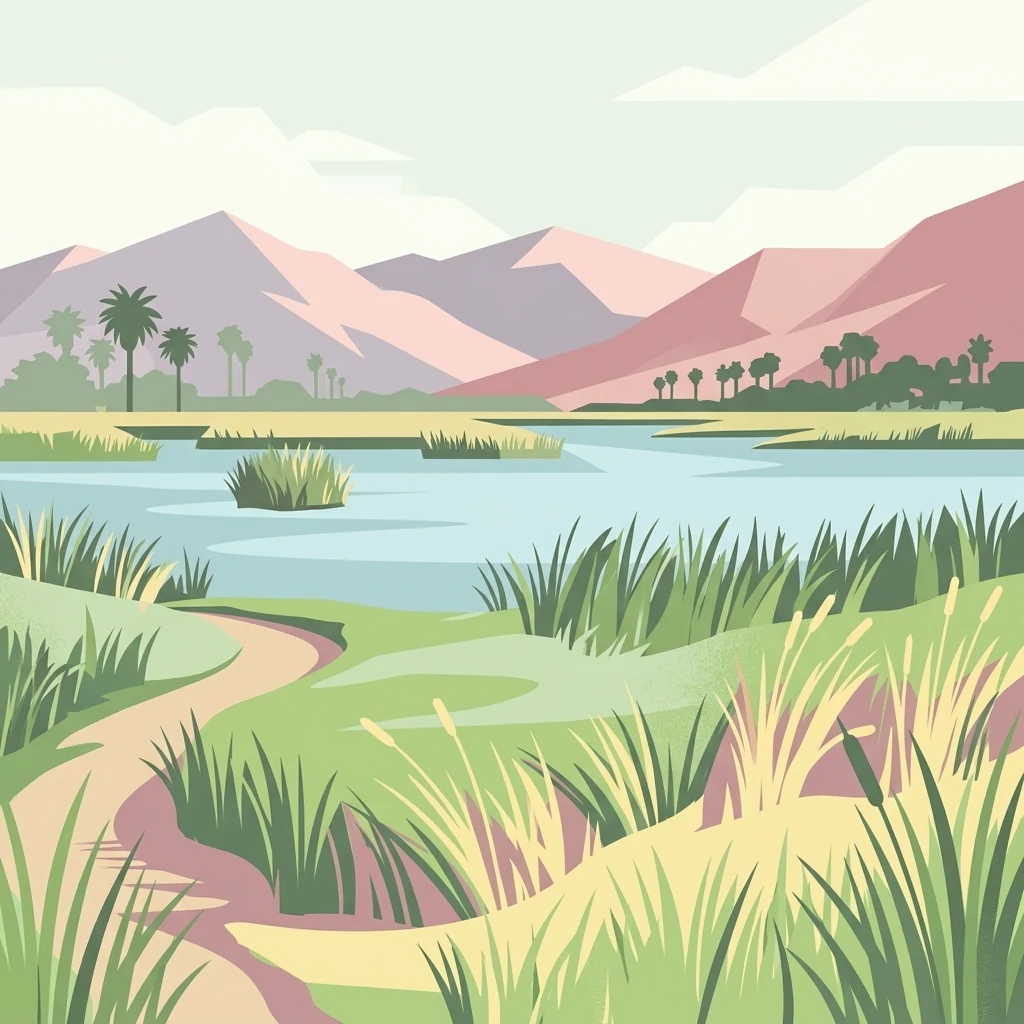 A stylized vector illustration of a wetland area with a winding dirt path, tall reeds, water, and distant hills under a pale sky.