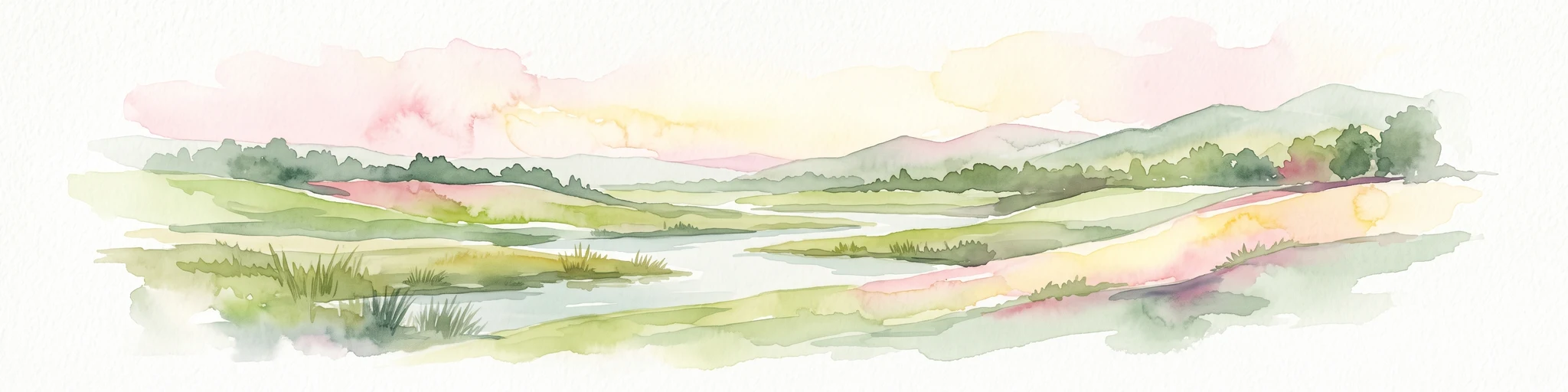 A horizontal watercolor illustration depicting a serene wetland landscape with low green hills, winding water channels, and light pink clouds in the background.