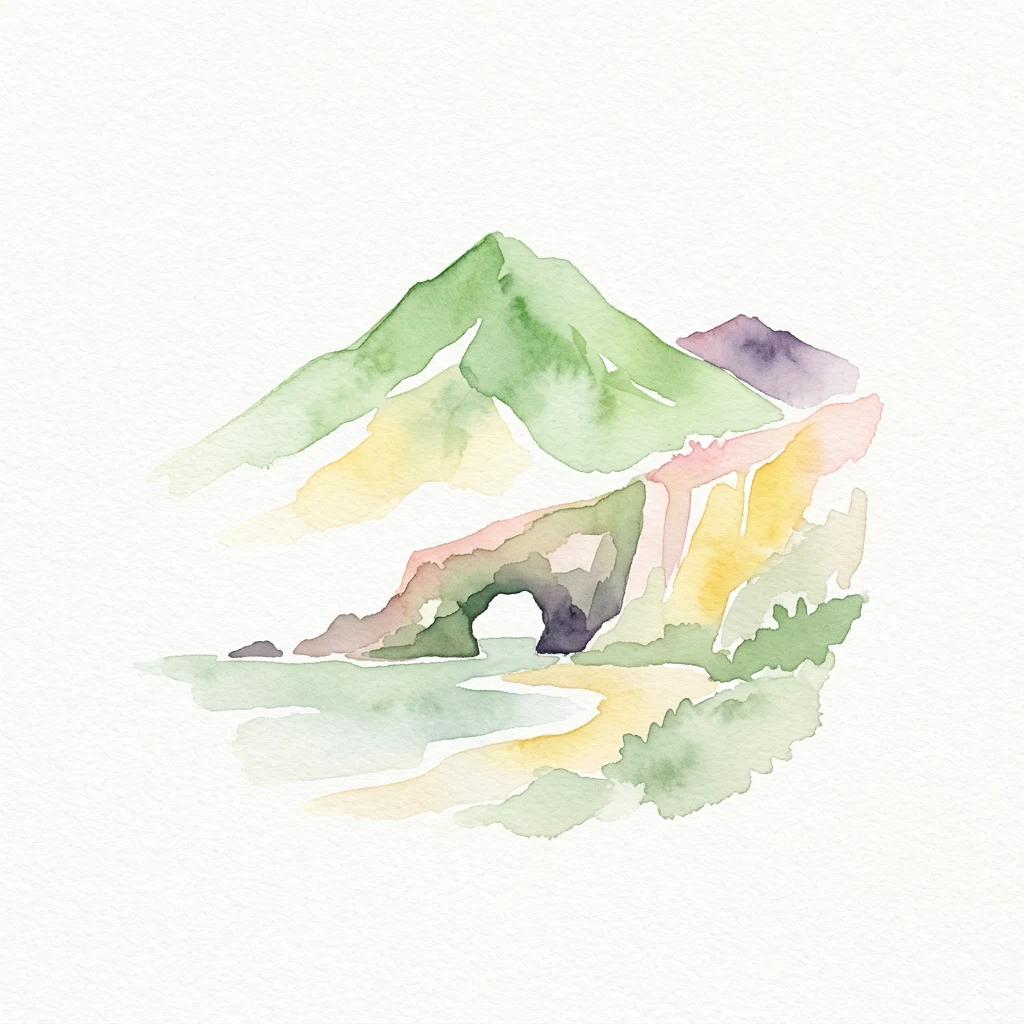 Watercolor illustration of a mountain with a natural arch over water