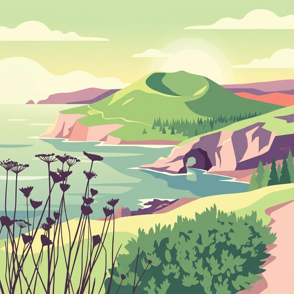 Ilustración del Parque Nacional de Pantelleria, con acantilados costeros, un arco marino, aguas turquesas y vegetación, destacando una colina volcánica verde al fondo bajo un cielo parcialmente nublado