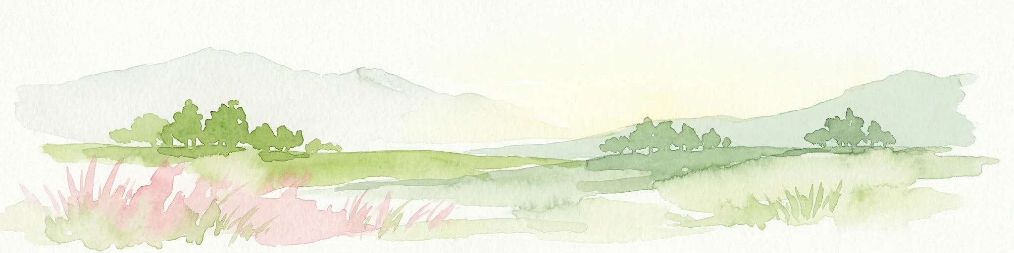 Pintura acuarela de un paisaje con colinas onduladas, flores silvestres rosas y árboles dispersos