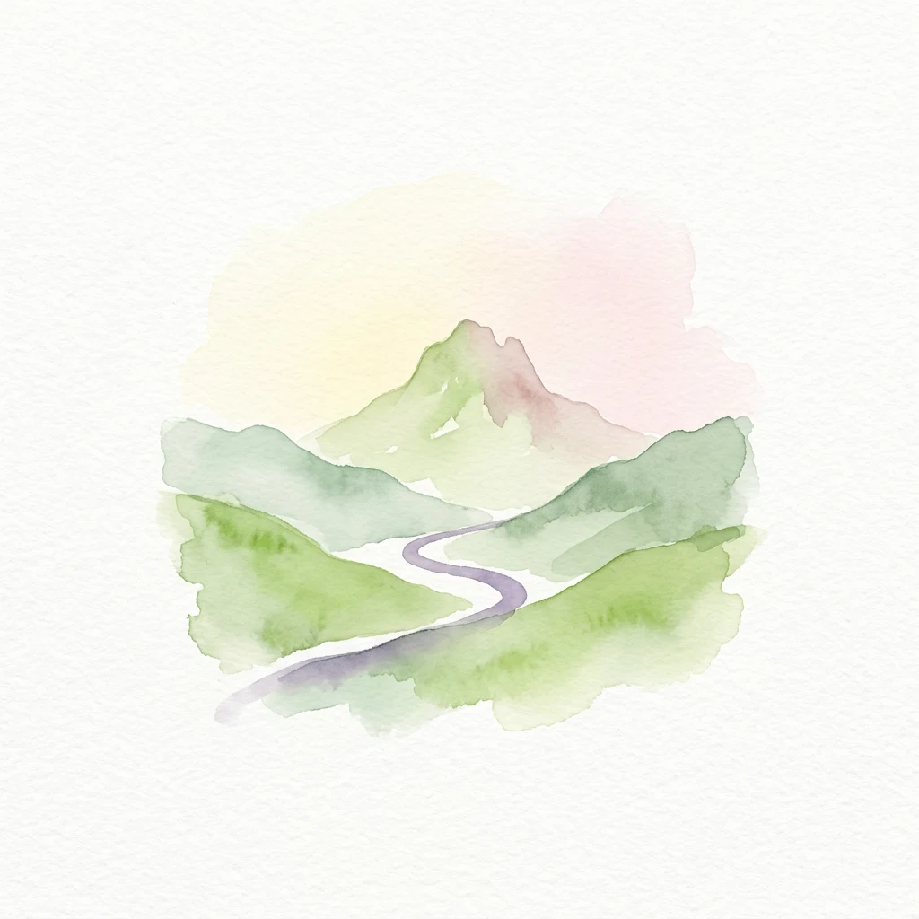 Ilustración acuarela de un paisaje montañoso con colinas verdes, un camino sinuoso y un cielo pastel