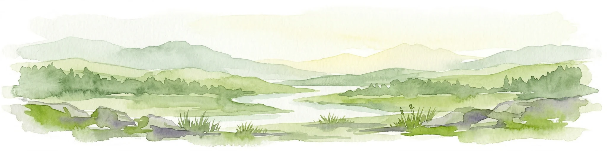 Pintura de acuarela de un paisaje de montaña con un río, colinas y vegetación