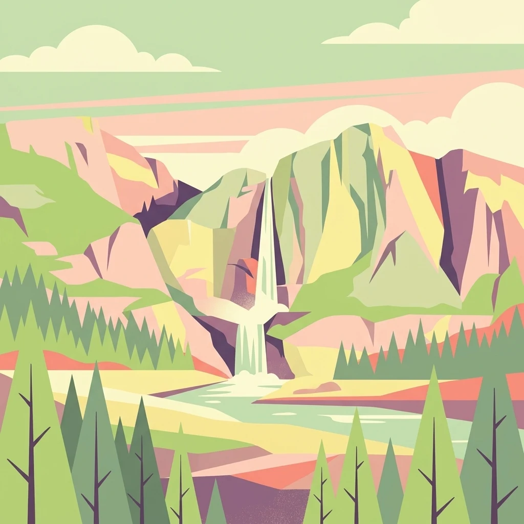 Una ilustración geométrica minimalista que muestra una cascada alta que cae por una montaña hasta un río, rodeada de bosques de pinos.