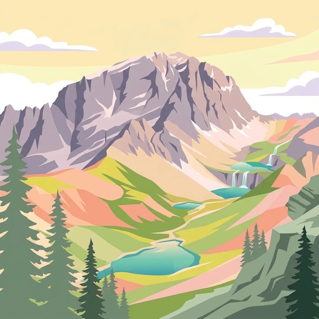 A digital illustration of a jagged mountain peak above a valley with pine trees, small lakes, and waterfalls.