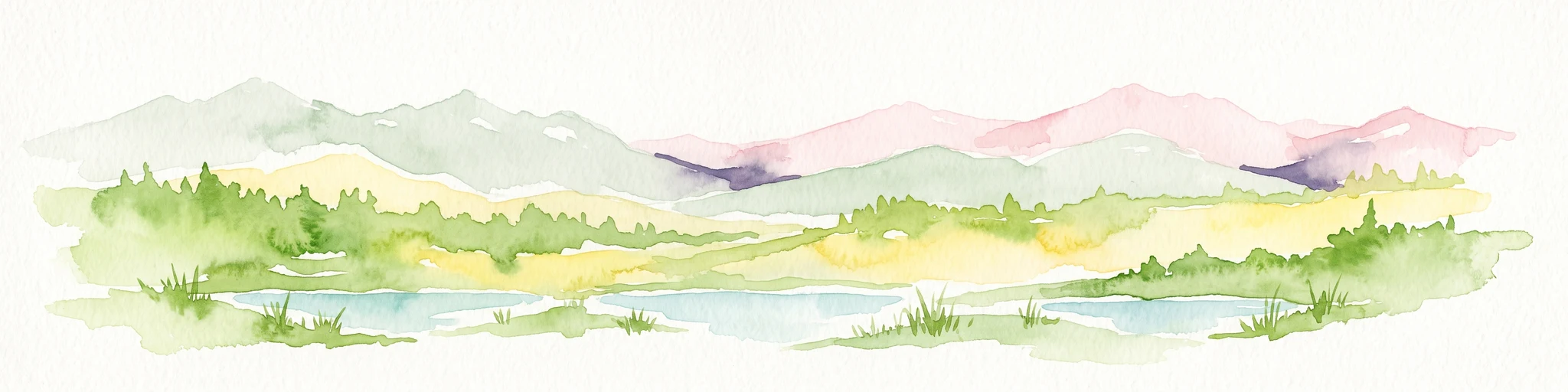 Ilustración en acuarela de un paisaje montañoso panorámico con suaves colinas verdes, crestas onduladas en tonos rosados y morados, y pequeñas extensiones de agua azul en primer plano.
