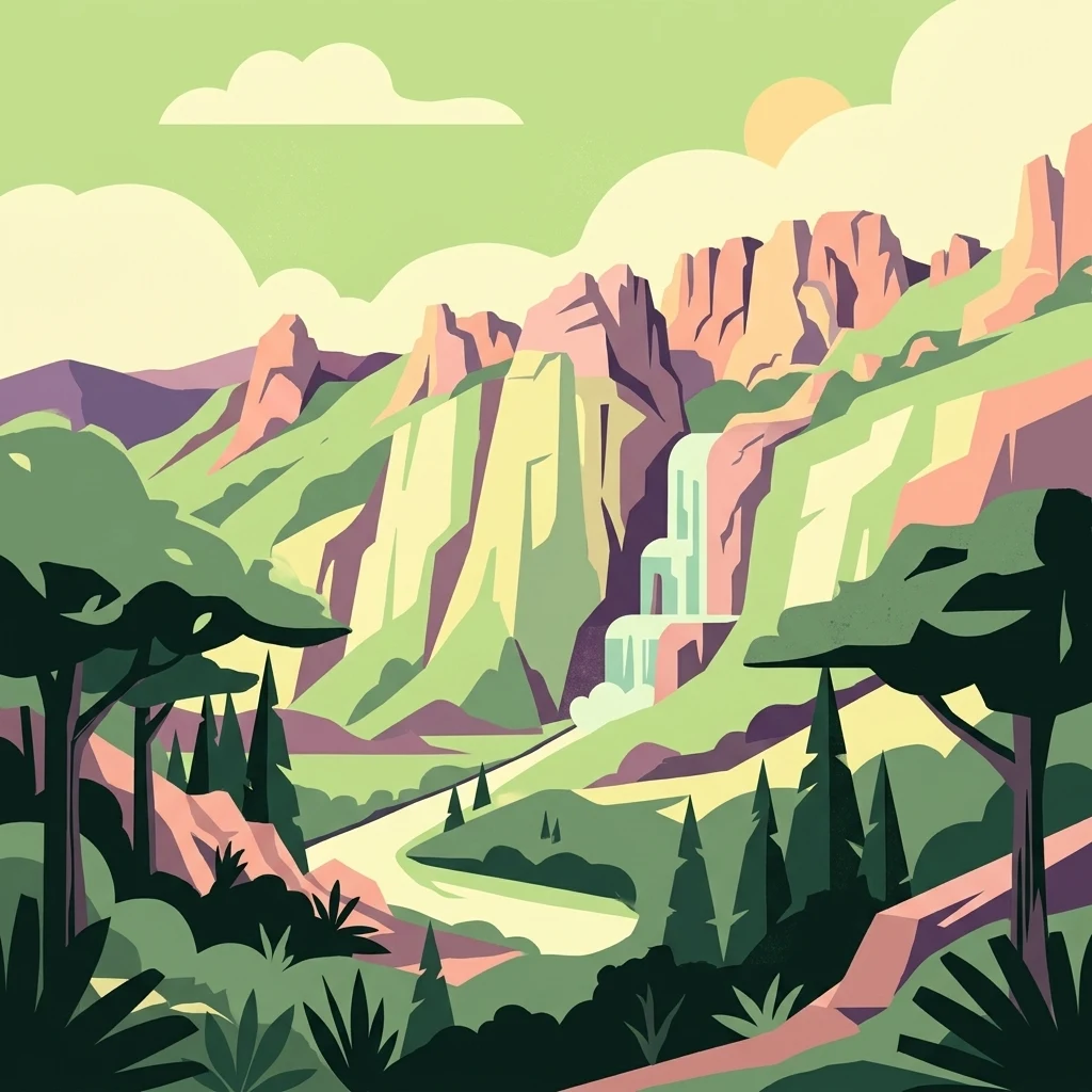 A graphic illustration of a mountainous valley scene, featuring jagged cliffs, a tiered waterfall, a winding stream, and coniferous trees in a flat, pastel-colored art style.