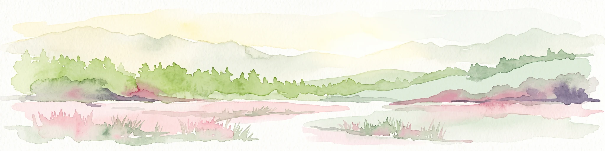 A soft watercolor painting of a coastal landscape with rolling hills, distant mountains, and green vegetation against a light sky.