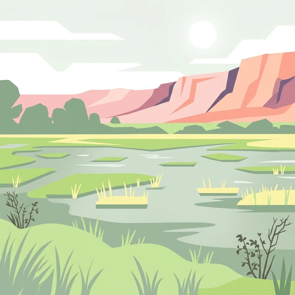A flat vector illustration of a wetland scene with a calm pool of water, grassy islets, and a pinkish ridgeline in the background under a pale sky.