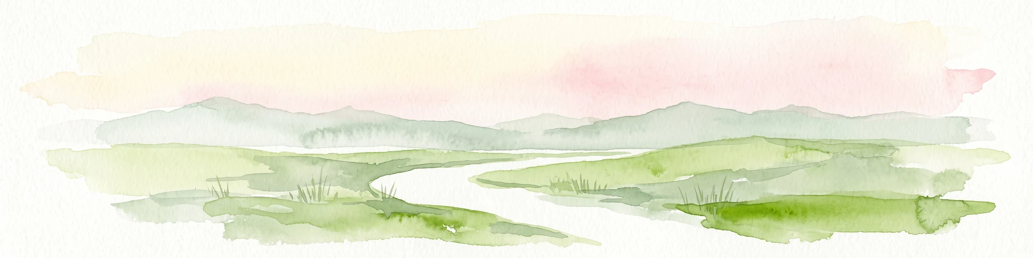 A soft watercolor illustration featuring a winding river flowing through green wetlands towards gentle rolling hills under a pale pink and light orange sky.