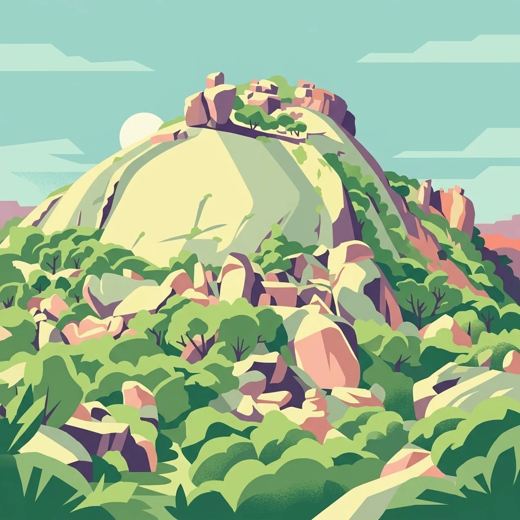 Una ilustración digital de una gran colina de granito redondeada cubierta de escasa vegetación verde y rocas dispersas bajo un cielo pálido.