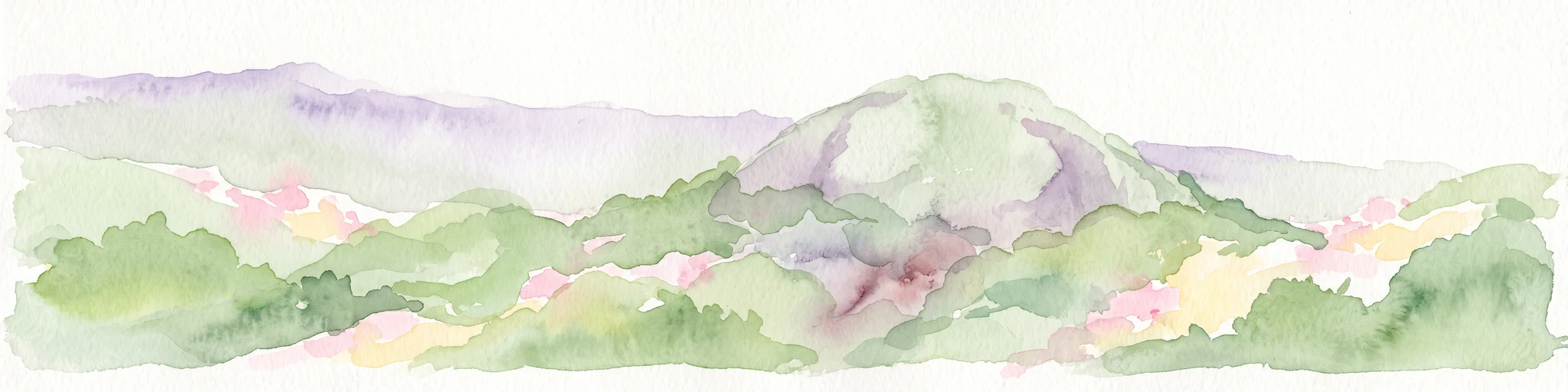 A horizontal watercolor painting showing rolling green hills and a central rocky outcrop against a soft background.