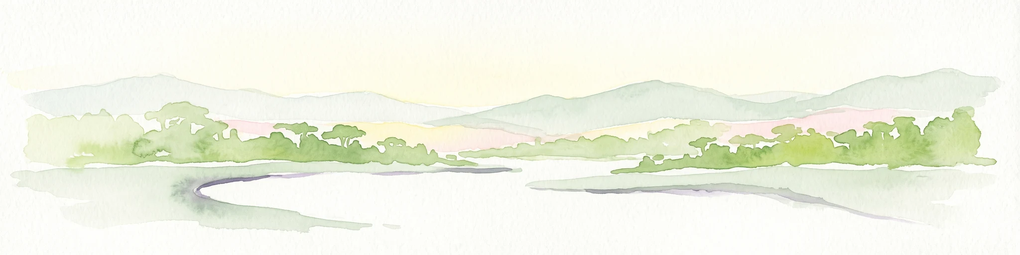 Una pintura en acuarela que representa un paisaje de enfoque suave con colinas verdes onduladas en la distancia y una franja de árboles en el plano medio.