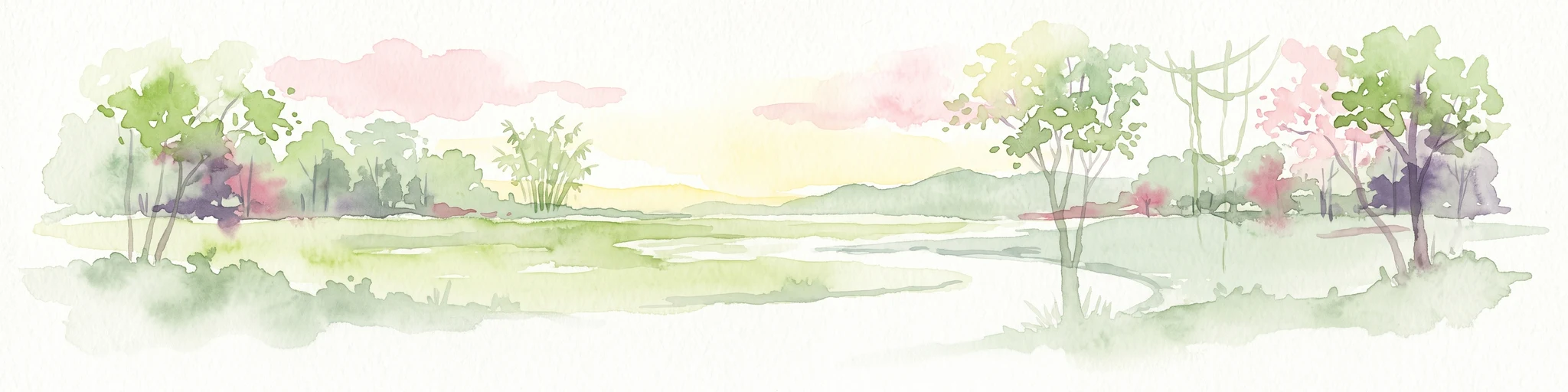 A horizontal watercolor painting showing a green landscape with trees, a winding stream, and rolling hills in the background against a soft, light-filled sky.