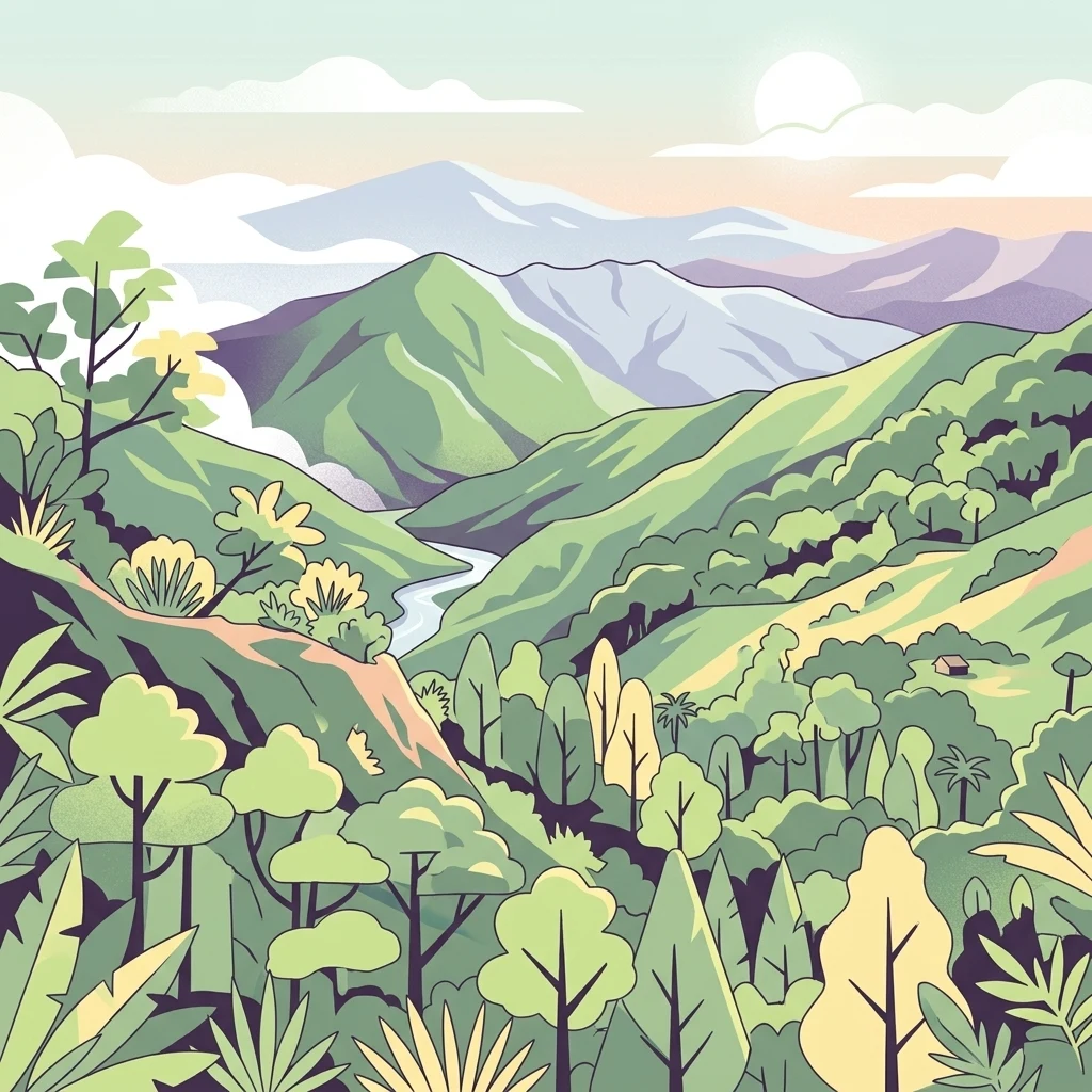 A stylized digital illustration of a mountainous rainforest landscape with rolling green hills, dense trees, a winding river in the valley, and distant peaks under a soft sky.