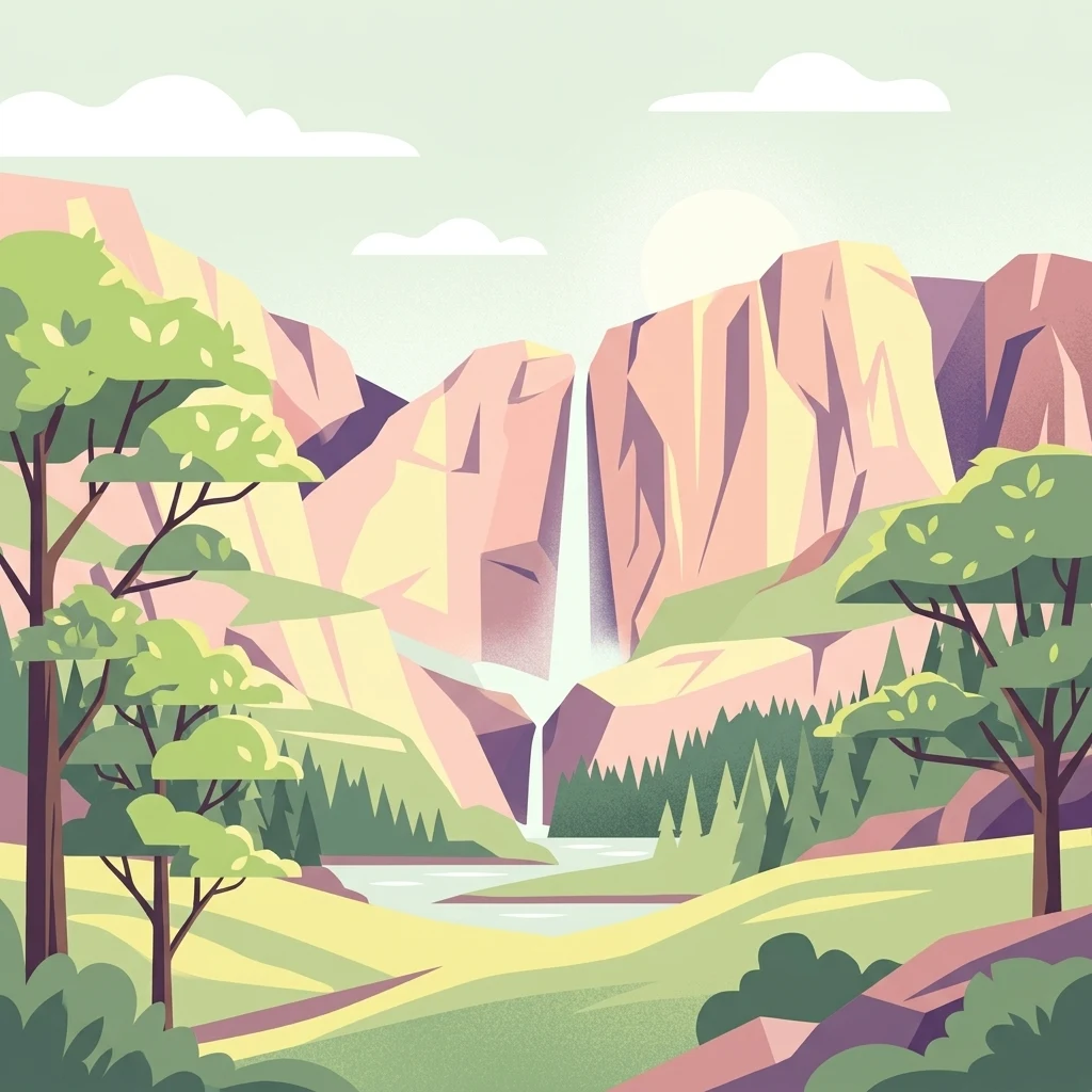 A flat vector-style illustration of a valley between steep cliffs with a central waterfall flowing into a river, framed by stylized trees in the foreground.