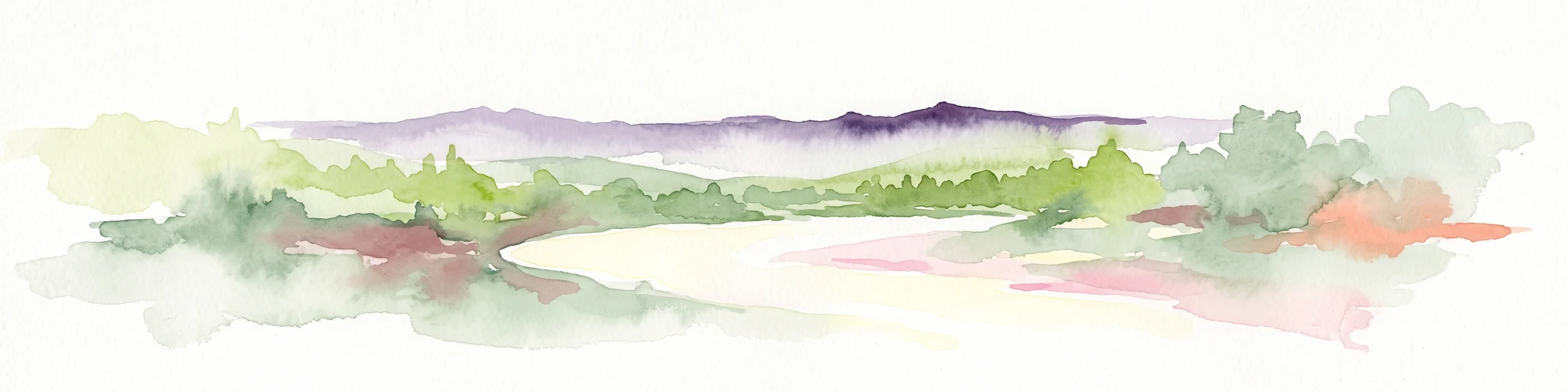 Ilustración en acuarela que representa un paisaje sereno con un río serpenteando a través de la sabana y colinas lejanas de tonos púrpura.