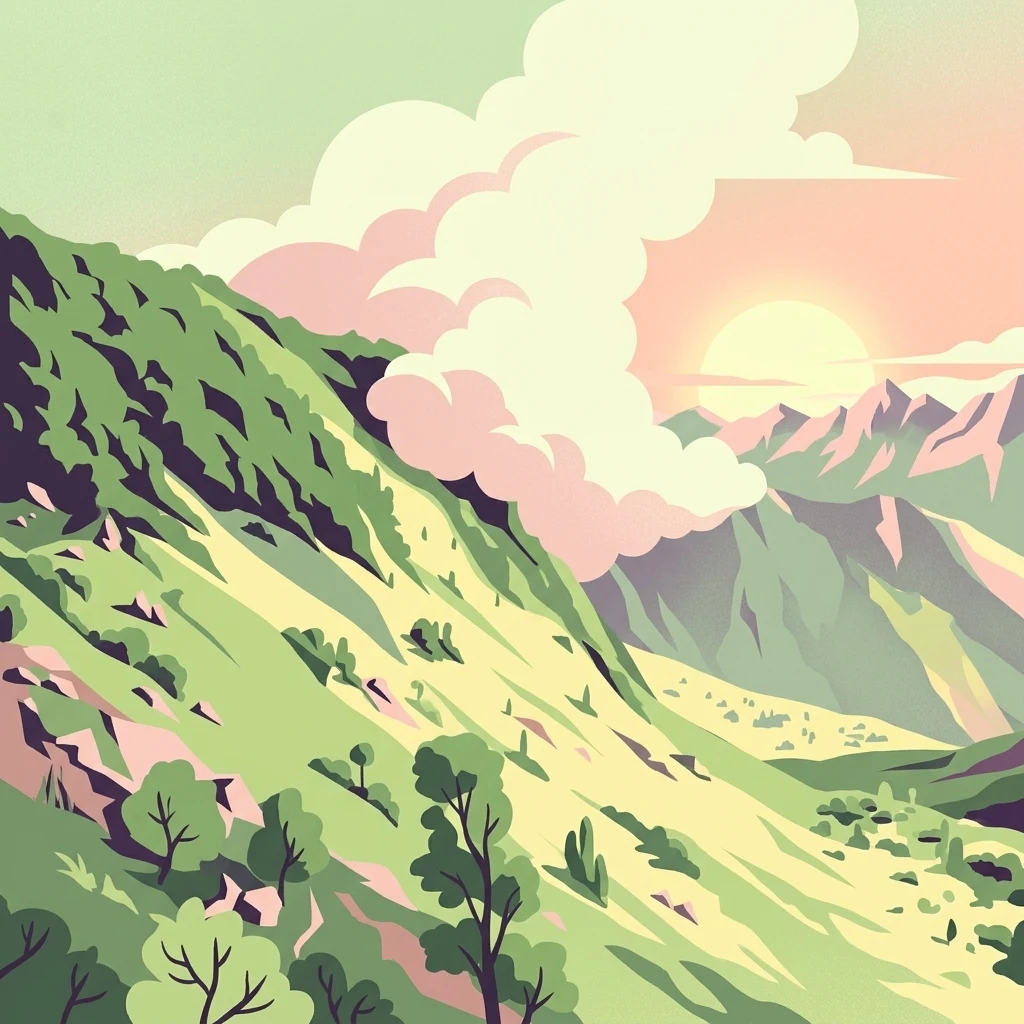 Una ilustración digital artística que muestra una puesta de sol sobre laderas montañosas boscosas y onduladas en un parque nacional.