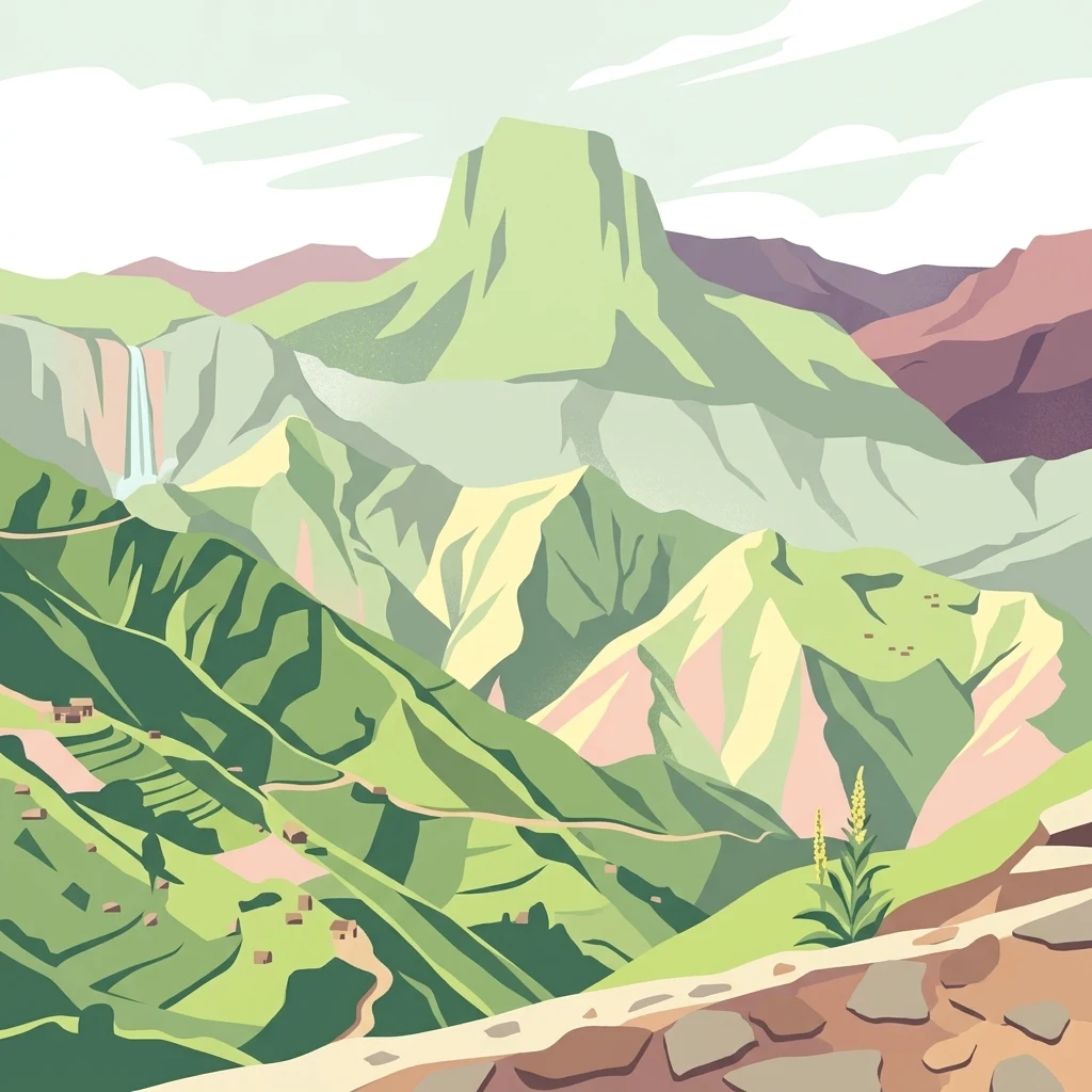 A digital illustration of a mountainous park landscape featuring tiered green slopes, a distant waterfall, and a rocky foreground path.