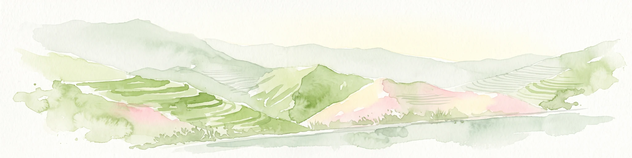 Acuarela de montañas y crestas verdes, escalonadas y onduladas, en suaves tonos pastel.