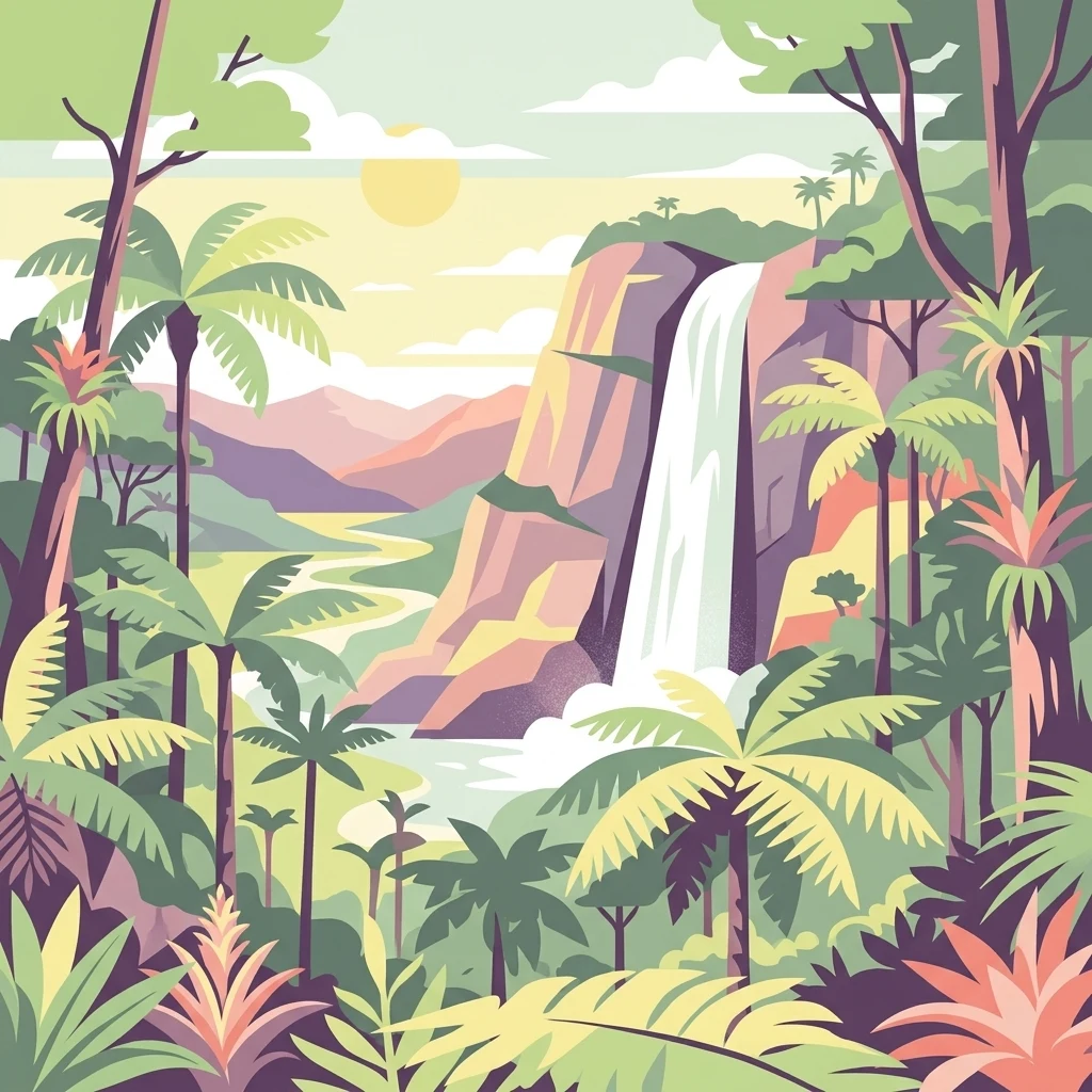 A flat-style vector illustration showing a tall waterfall cascading down a cliff into a river surrounded by lush tropical palm trees and ferns under a soft sun.