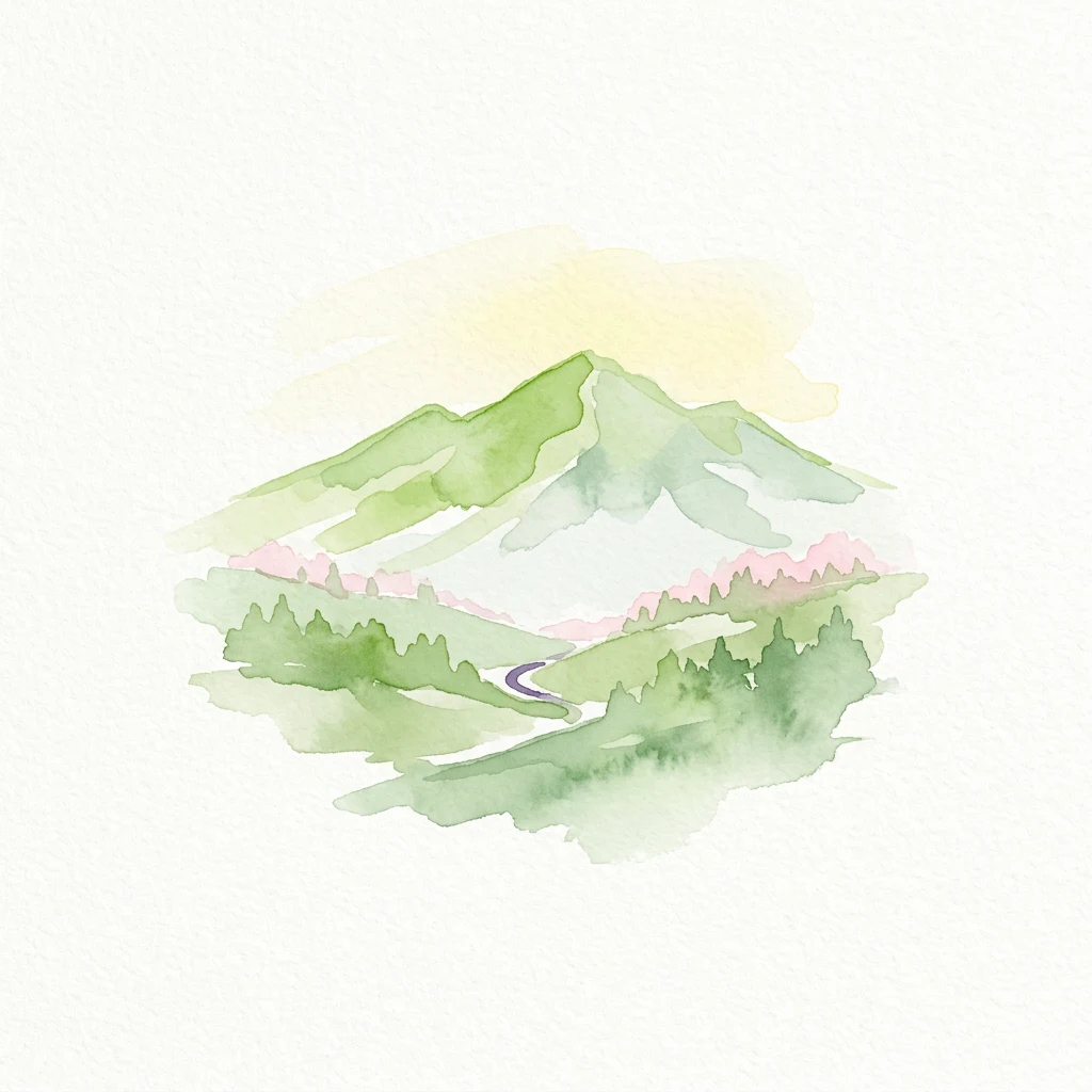 Watercolor illustration of green mountains with a winding path, pink flowering areas, and a light yellow sky