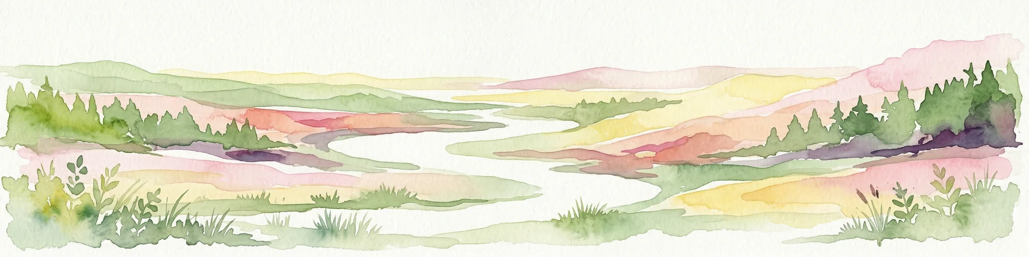 Watercolor painting of a river winding through a valley with green fields, trees, and distant hills