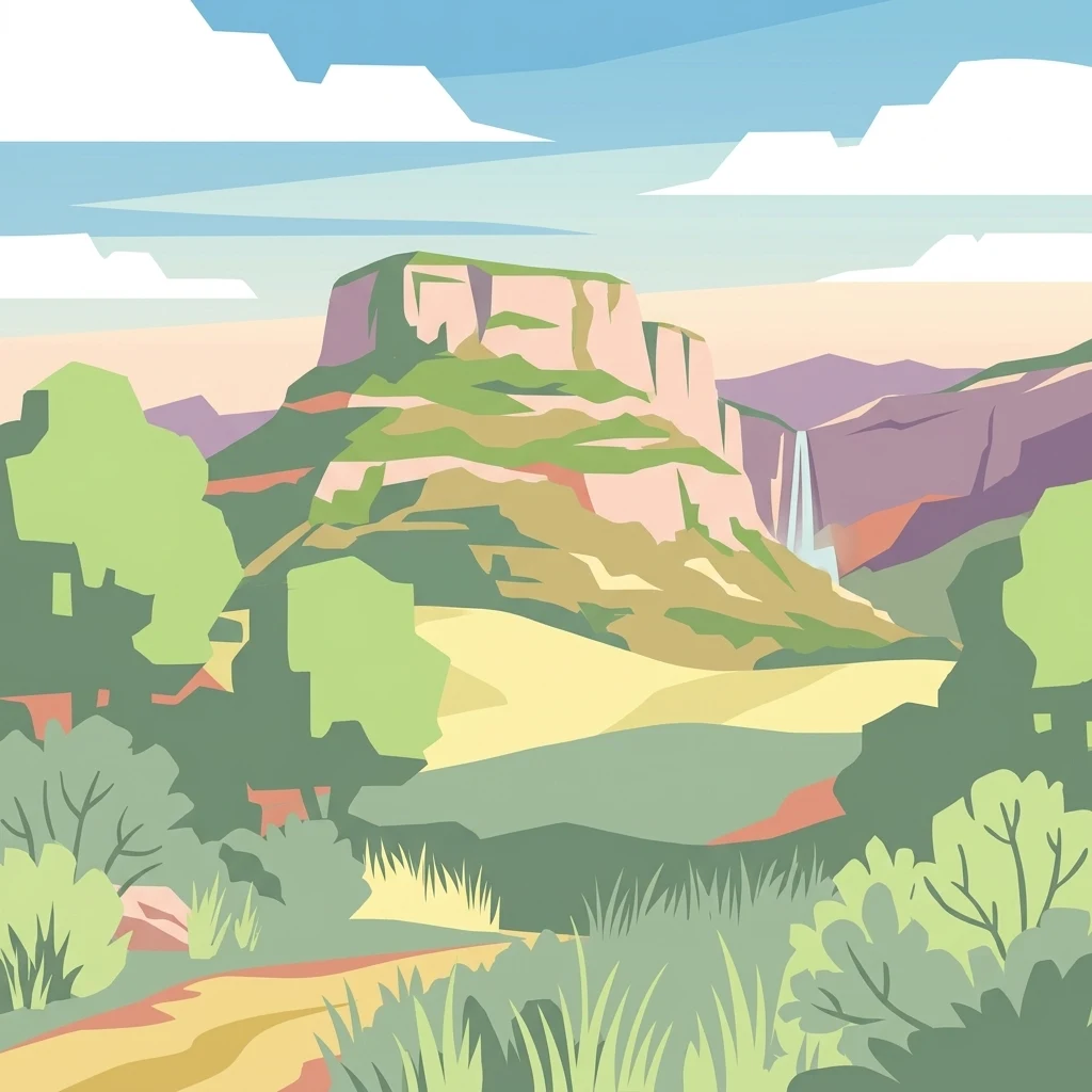 Una ilustración digital de estilo plano que representa una meseta o mesa prominente que se eleva sobre un paisaje herboso, con una cascada que cae por un acantilado cercano, enmarcada por árboles y arbustos estilizados en primer plano.