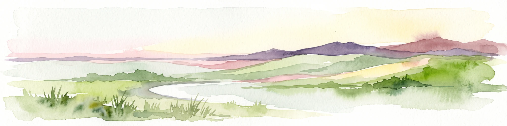A soft watercolor illustration depicting a panoramic view of rolling green hills under a pale, warm sky with distant mountains.