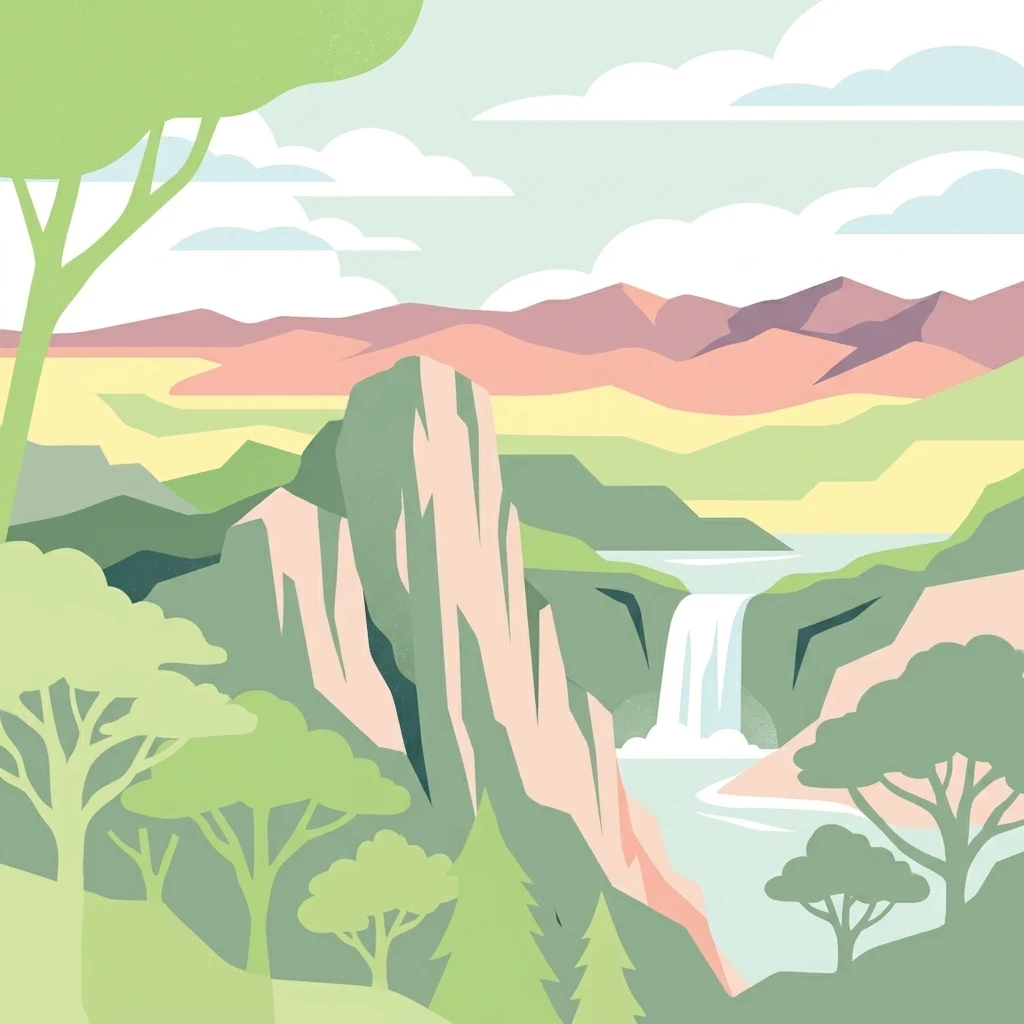 A flat-style digital illustration depicting a rocky mountain peak and a waterfall flowing into a river, surrounded by stylized trees under a sky with clouds.