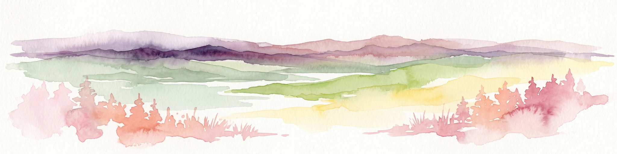 Watercolor painting of distant purple hills and foreground pine trees in soft washes of green, yellow, and red on a white background.