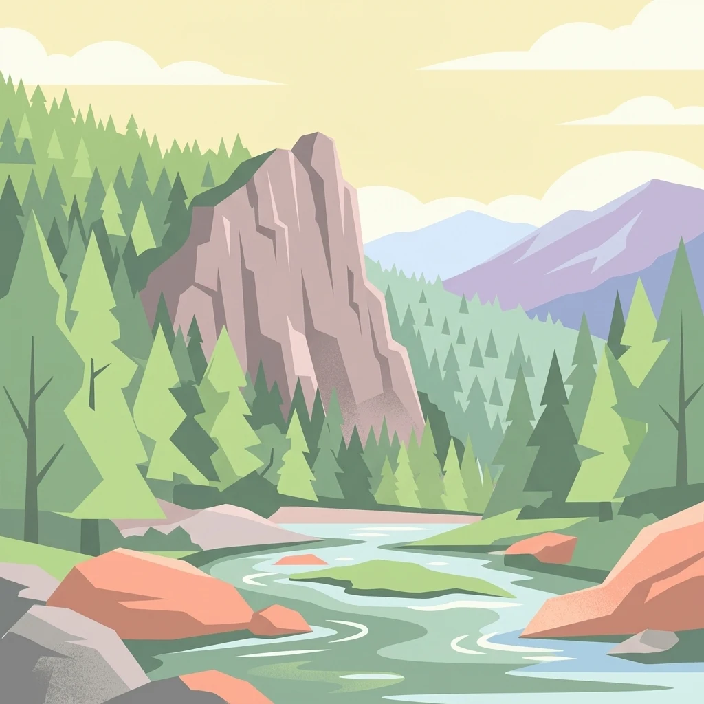 A flat vector illustration showing a winding river flowing through a forested valley with a large craggy cliff face in the foreground and rolling mountains in the distance.