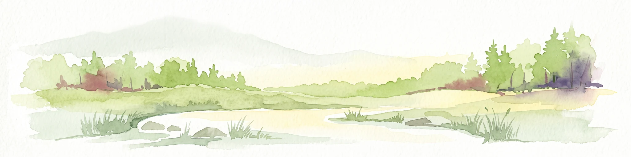 Una suave ilustración en acuarela que muestra un río tranquilo fluyendo a través de un paisaje exuberante y verde, con colinas boscosas en la distancia.