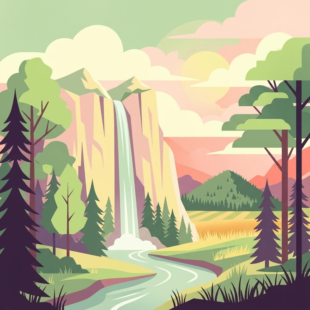 Una ilustración digital de una cascada vertical que cae por un acantilado hacia un río que serpentea a través de un bosque y una pradera al atardecer.
