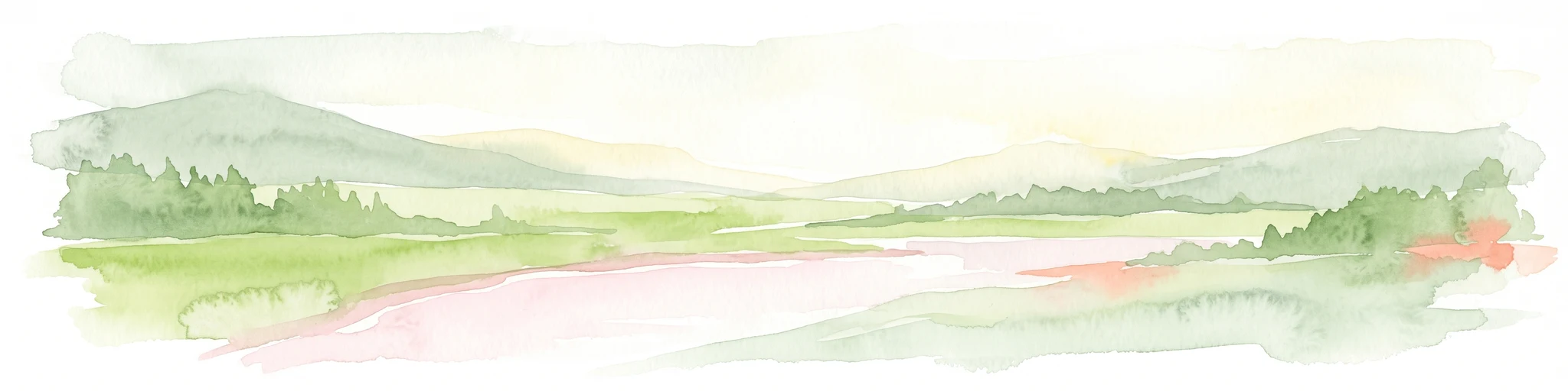 A horizontal watercolor illustration depicting rolling green hills, meadows, and a small stream or body of water.