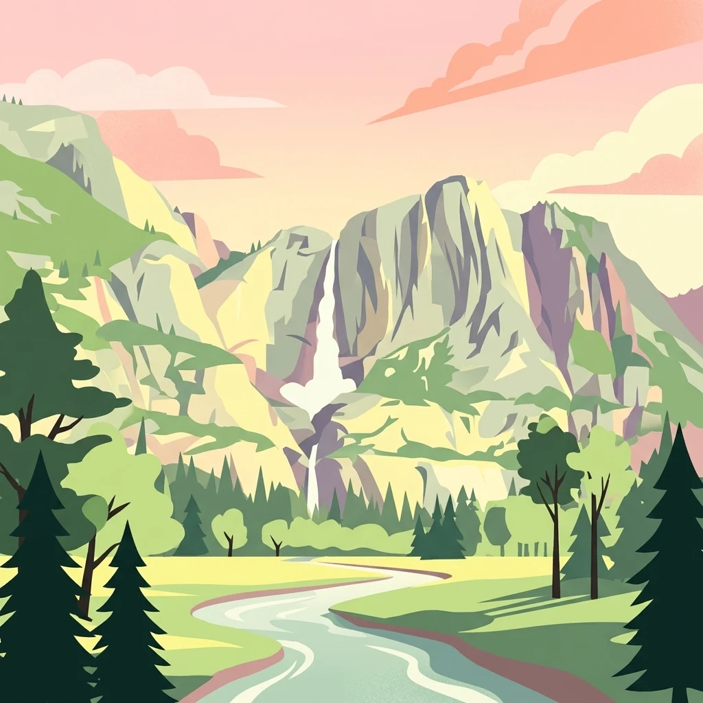 A digital illustration showing a winding river in the foreground leading toward a waterfall cascading down a large mountain valley with coniferous trees.