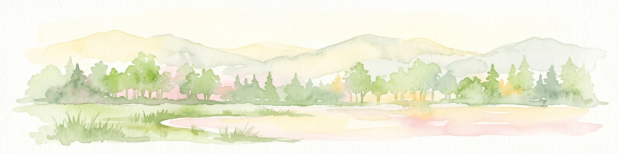 A watercolor painting of a pastoral landscape featuring a grassy foreground with a small pool of water, a line of trees, and soft hills in the background.