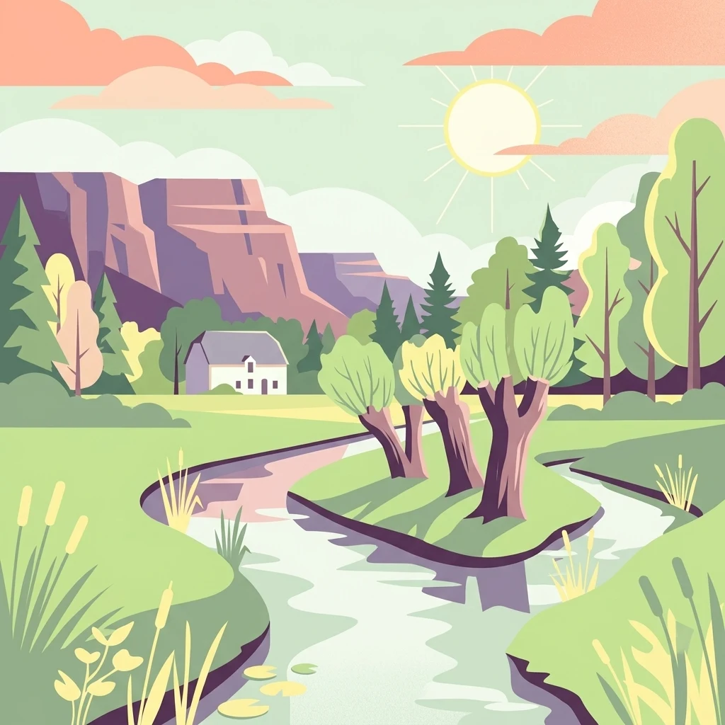 A flat-design, colorful illustration of a winding river flowing through a lush green valley with trees, a small house, and cliffs in the background under a warm sun.
